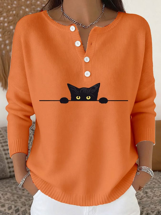 Women's Casual Cat Print Knit Top