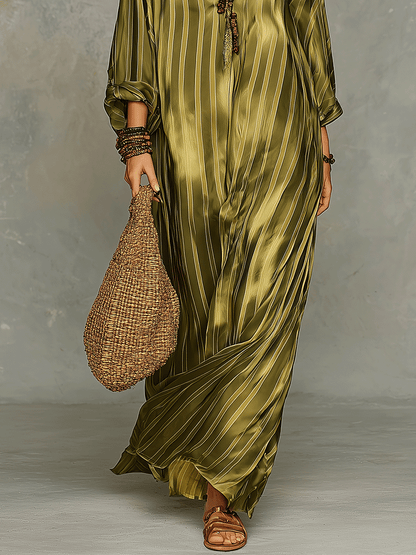 Refined Bohemian Chic Olive Satin Stripe Maxi Dress