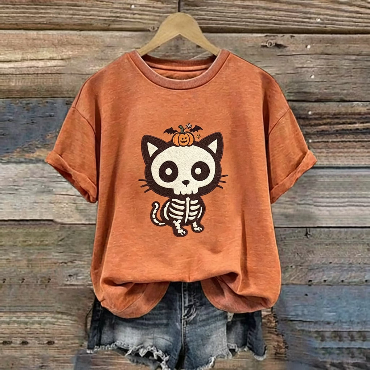 Women's Halloween Cute Skull Cat Pattern Art Print Casual T-shirt