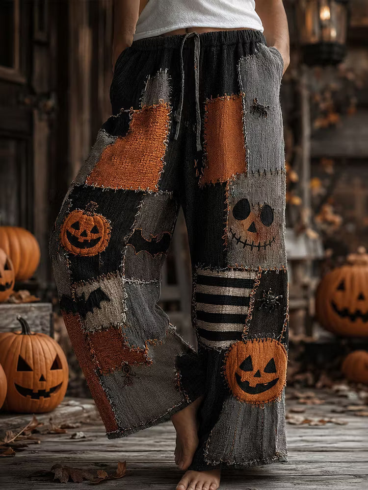 Women's Halloween Retro Pumpkin Bat Color Block Cotton Linen Pants