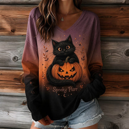 Women's Retro Halloween Pumpkin With Ctue Black Cat Print Casual V-neck Long Sleeve T-shirt