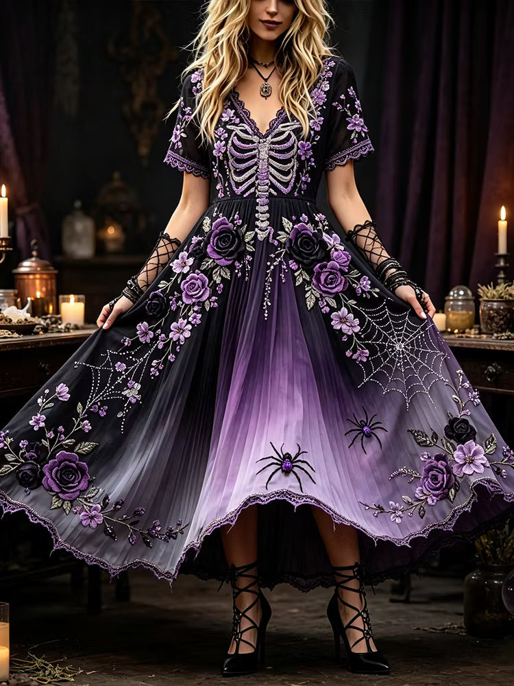 Women's Halloween Floral And Spider Art V-neck Short Sleeve A-line Dress