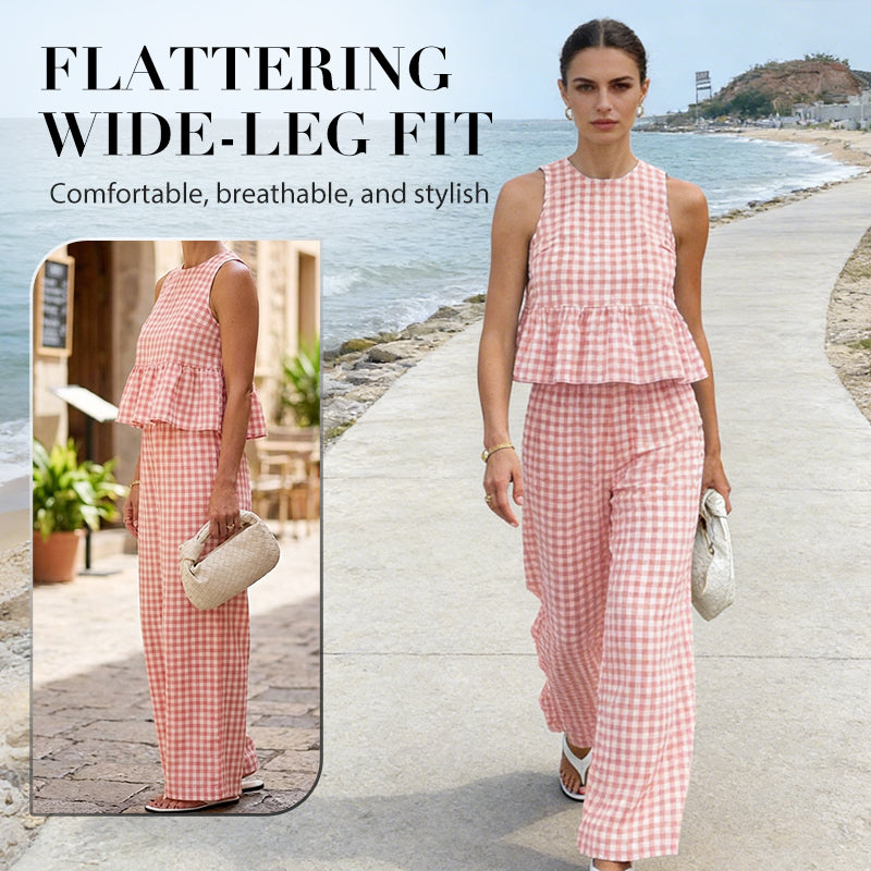 Women's 2 Piece Plaid Print Outfits Ruffle Top & Pants