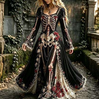 Women's Halloween Gothic Skeleton & Floral Long-sleeve Maxi Dress