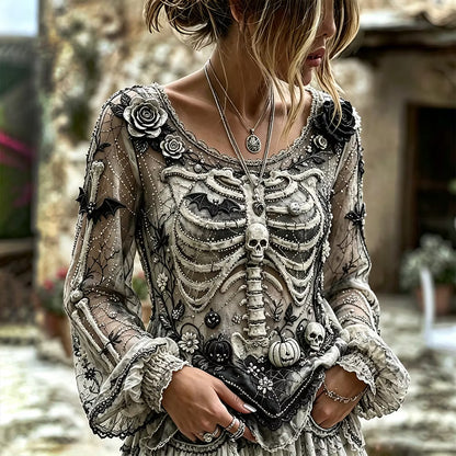 Vintage Halloween Skull And Floral Art Casual Long Sleeve Top