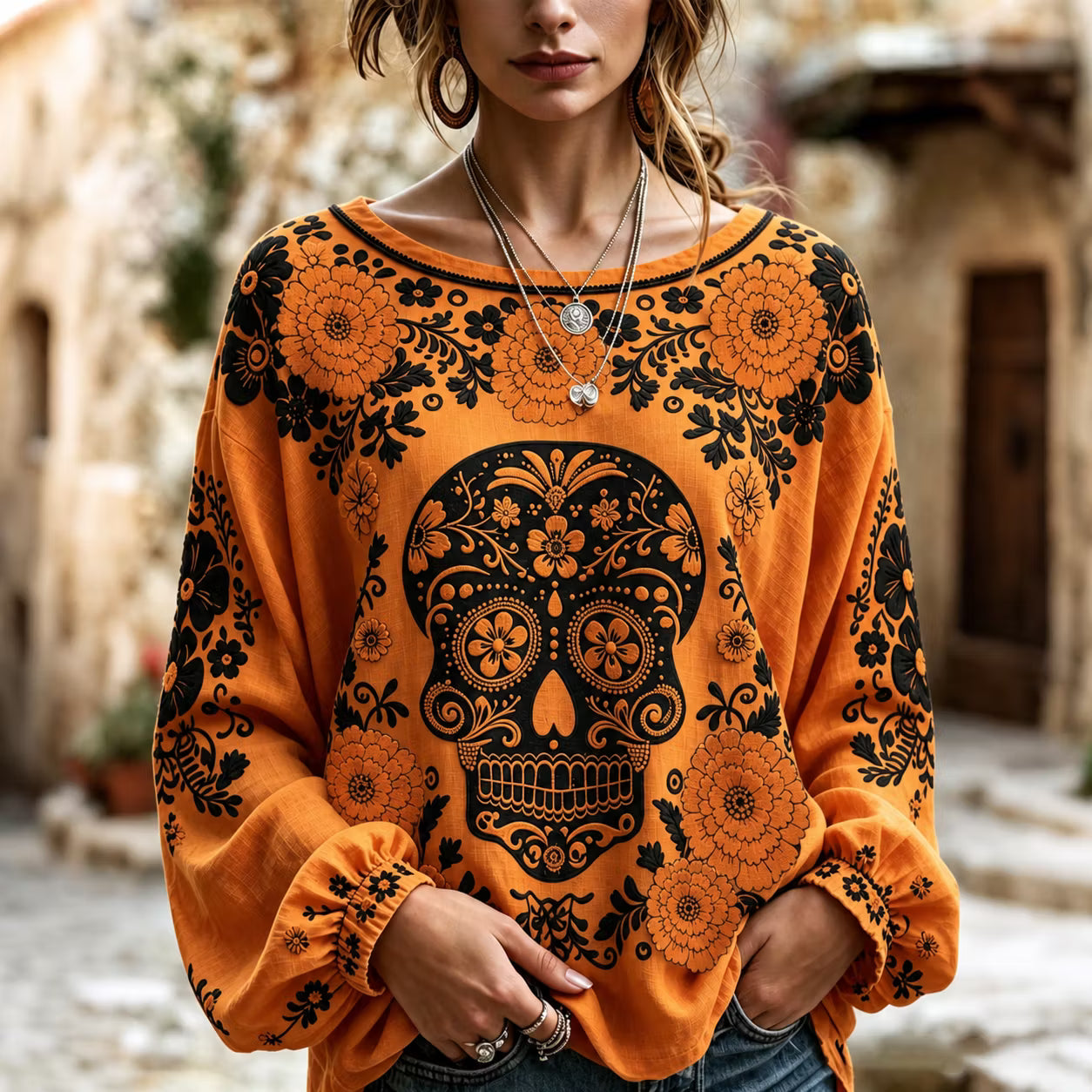 Women's Retro Floral Skull Print Cotton Linen Top