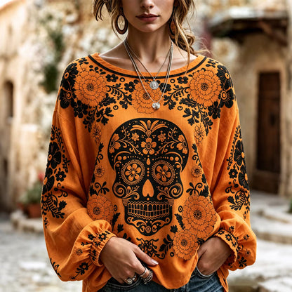 Women's Retro Floral Skull Print Cotton Linen Top