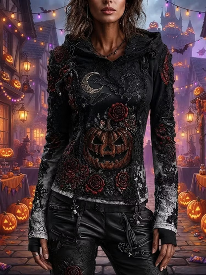 Women's Halloween Gothic Black Pumpkin, Crescent Moon & Rose Zip Hoodie