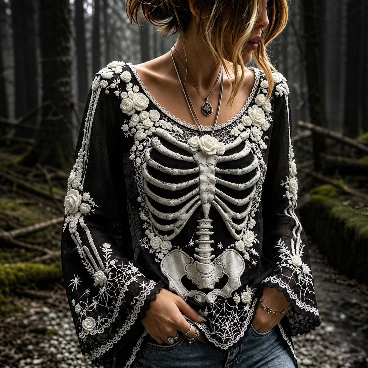Women's Women's Retro Gothic Spider Skull Floral Pattern Cotton And Linen Shirt