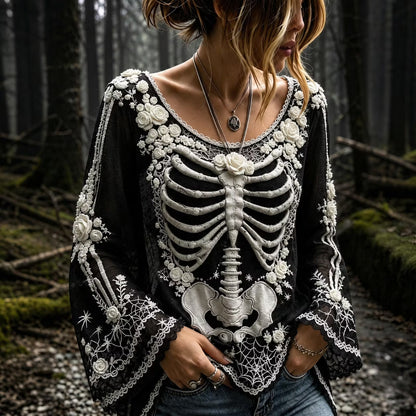 Women's Women's Retro Gothic Spider Skull Floral Pattern Cotton And Linen Shirt