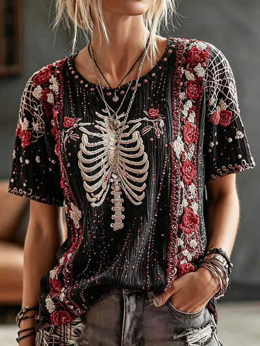 Women's Retro Halloween Bone And Floral Art Embroidery Crew Neck T-shirt