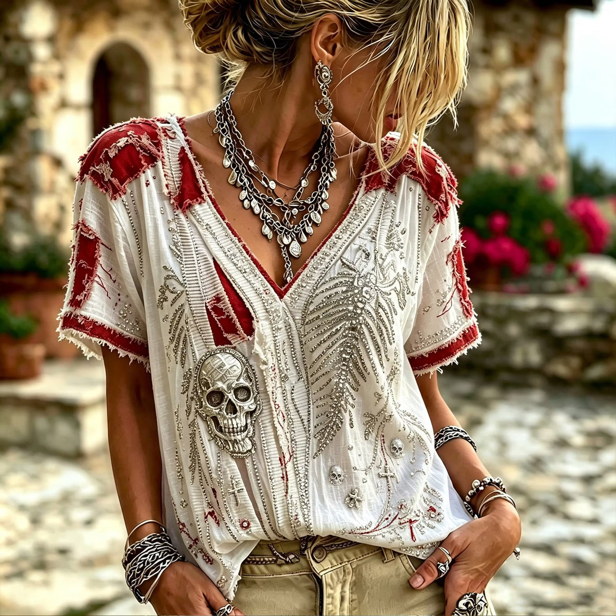 Gothic Bohemian Style Distressed Skull Embroidery Red Patchwork Women's Short-sleeve Top