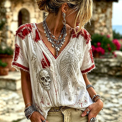 Gothic Bohemian Style Distressed Skull Embroidery Red Patchwork Women's Short-sleeve Top