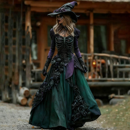 Vintage Witch Skull Rib Cage Rose Pattern Maxi Dress
