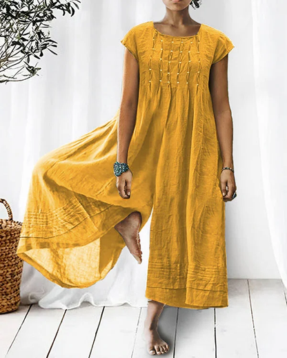 Solid Relaxed Loose Pleated Linen Jumpsuit