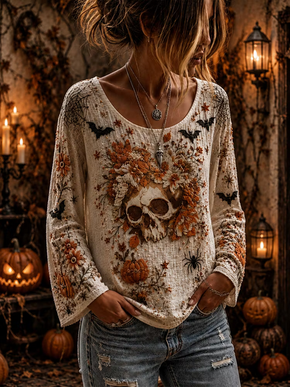 Women's Halloween Spooky Skull, Spiderweb & Pumpkin Long-sleeve Top