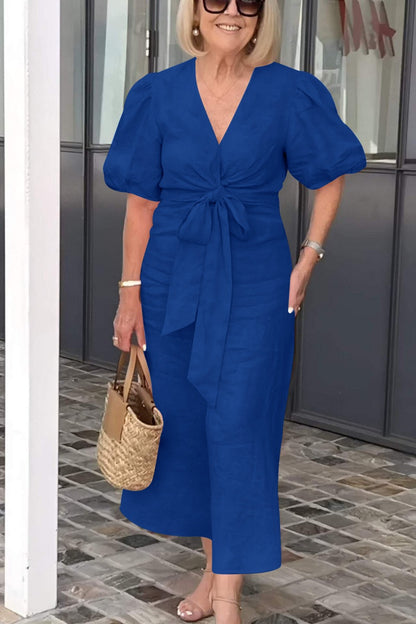 V-neck Tie-waist Puff Sleeve Cotton Dress