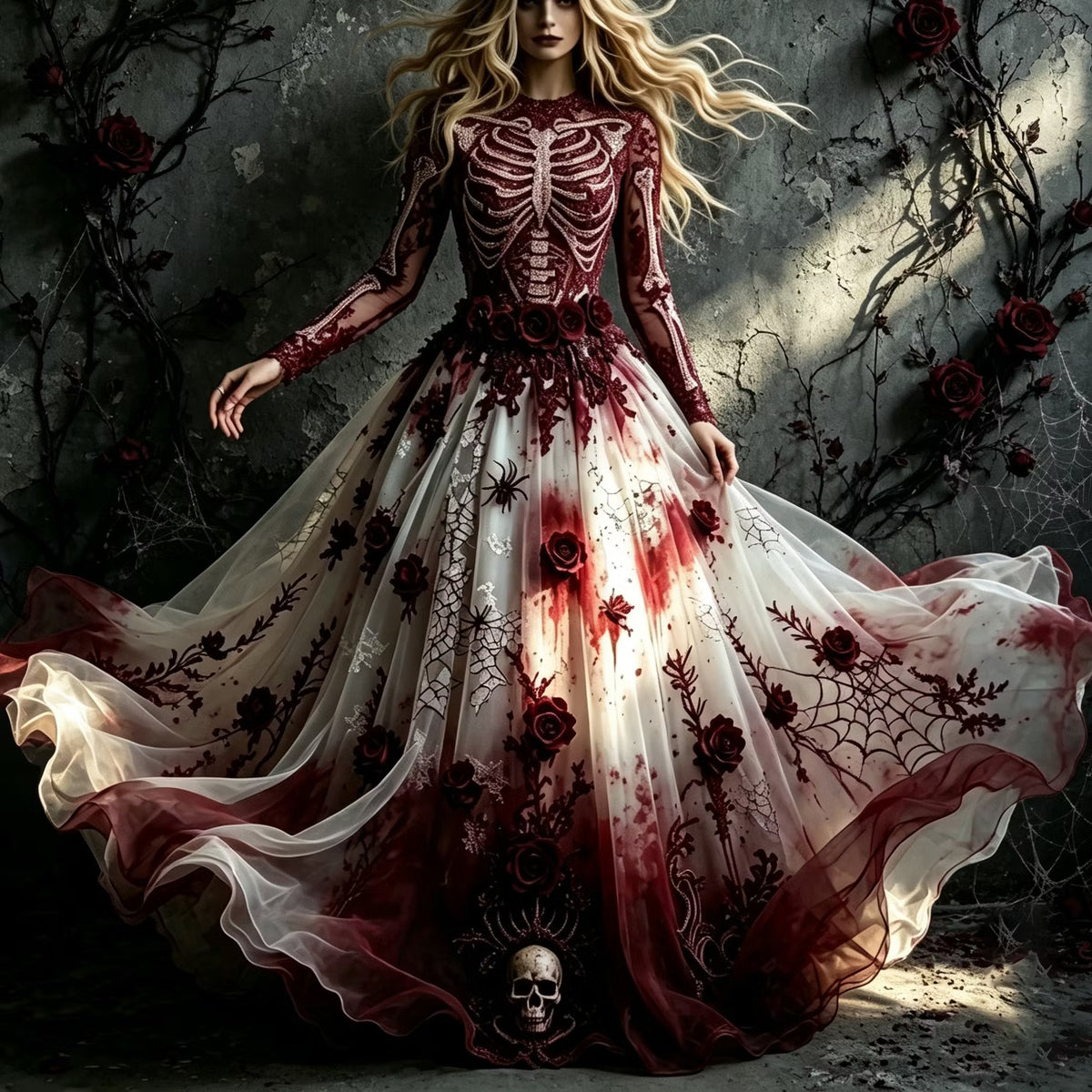 Women's Retro Halloween Human Skeleton Floral Embroidery Linen Blend Round Neck Long Sleeve Dress