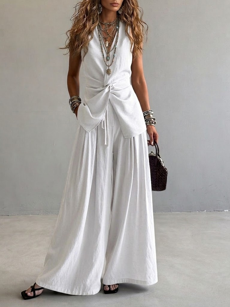 Casual Two-piece Set: Floral-print Linen & Cotton Top And Solid-color Trousers