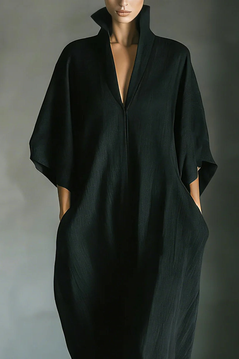 Women's Black Cotton Blend Fabric Oversized Kimono-Sleeve Maxi Dress With Pockets