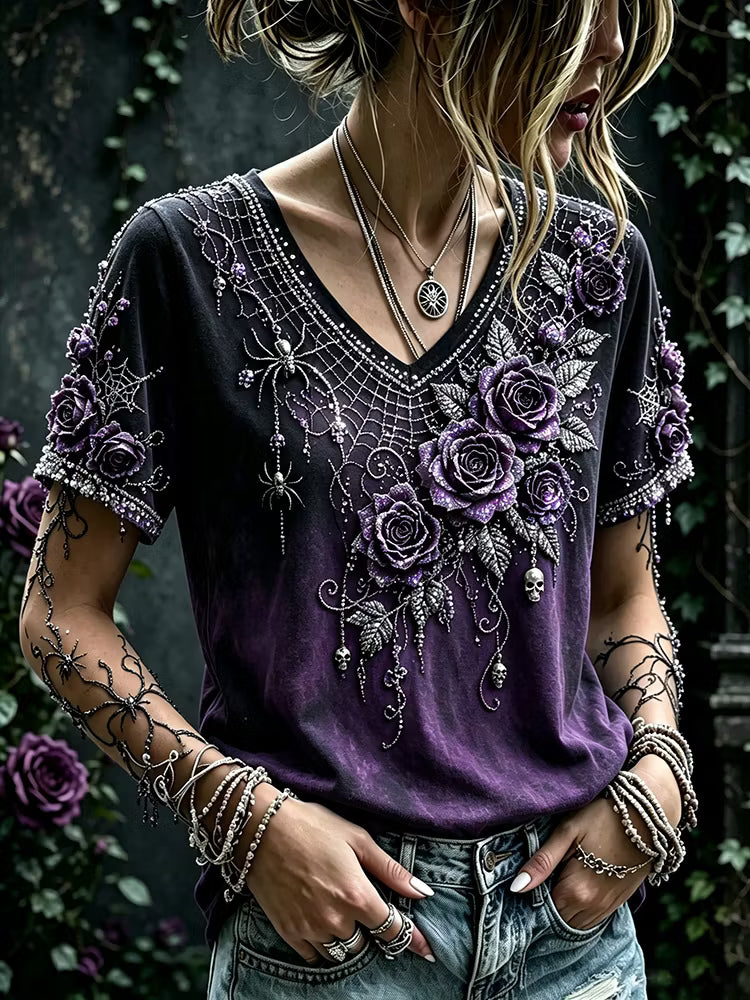 Women's Halloween Retro Skull Rose Spider V-neck Cotton Linen Short-sleeve T-shirt