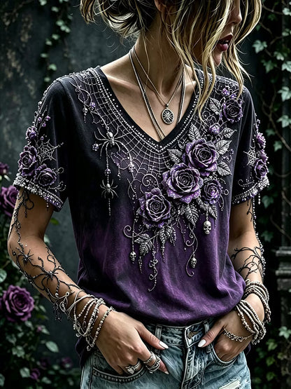 Women's Halloween Retro Skull Rose Spider V-neck Cotton Linen Short-sleeve T-shirt