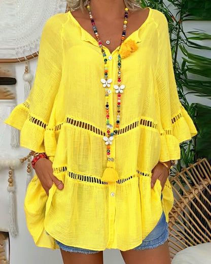Three-Quarter Sleeve Cotton and Linen V-neck Buttons Hollow-out Large Dress