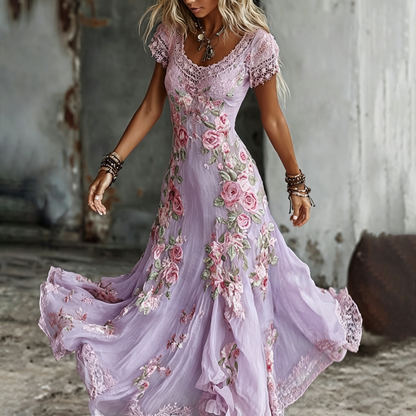 Women's Bohemia Rose Floral Embroidered Art Flowy Maxi Dress