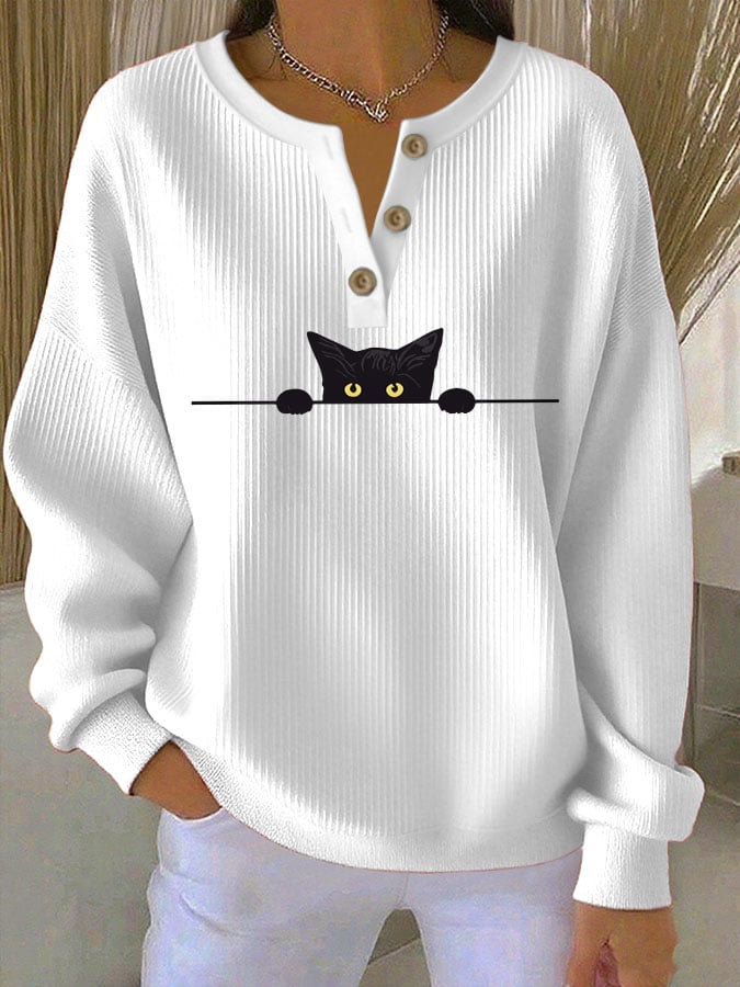 Women's Cat Print Knitted Crew Neck Long Sleeve Top