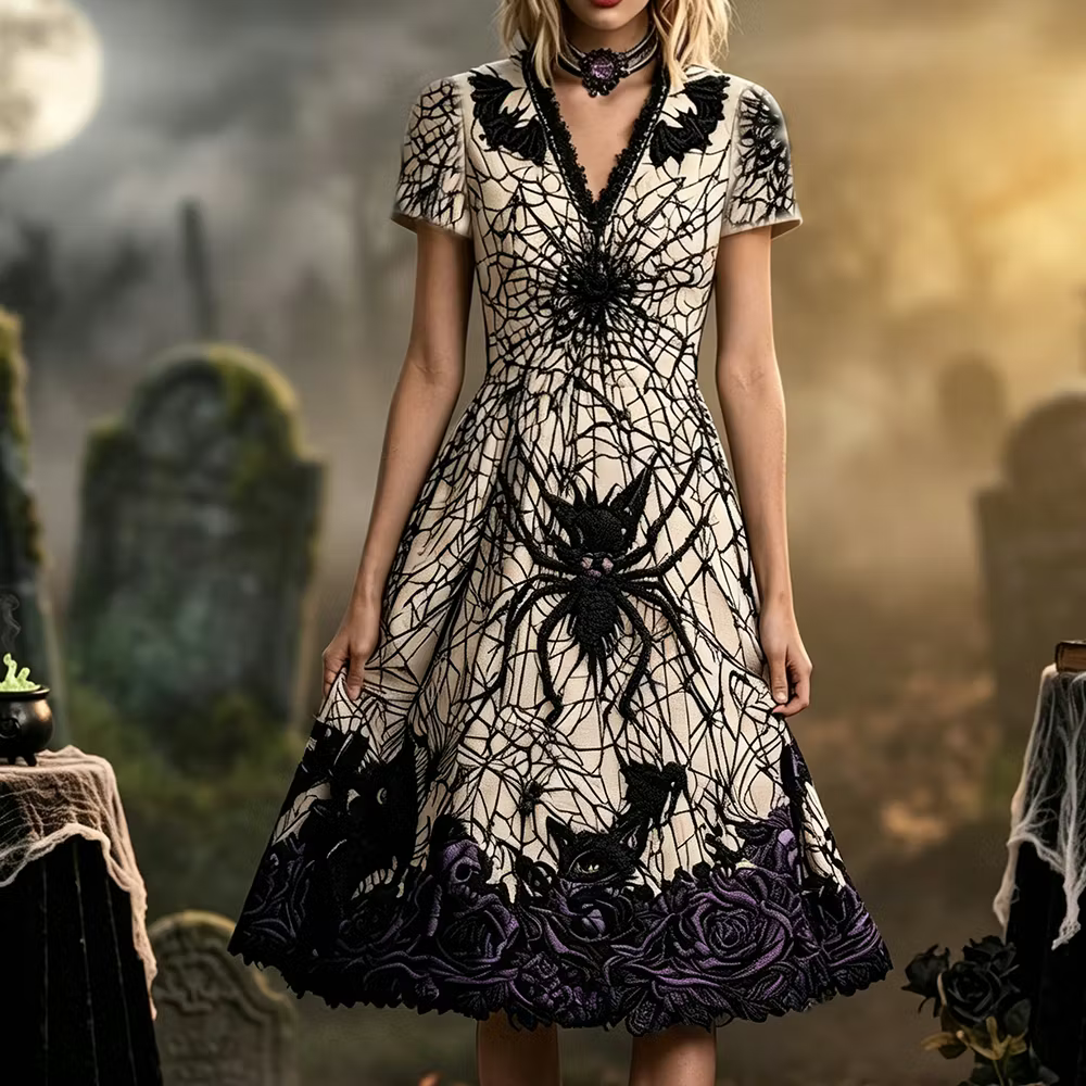 Women's Gothic Short-sleeved Maxi Dress, Adorned With Giant Spiders, Spiderwebs, And Purple Rose Prints.