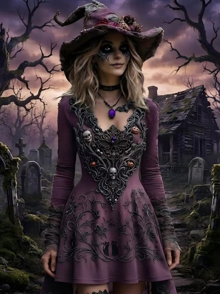 Women’s Gothic V-neck Long Sleeve Dress With Skull, Pumpkin, And Cat Embroider