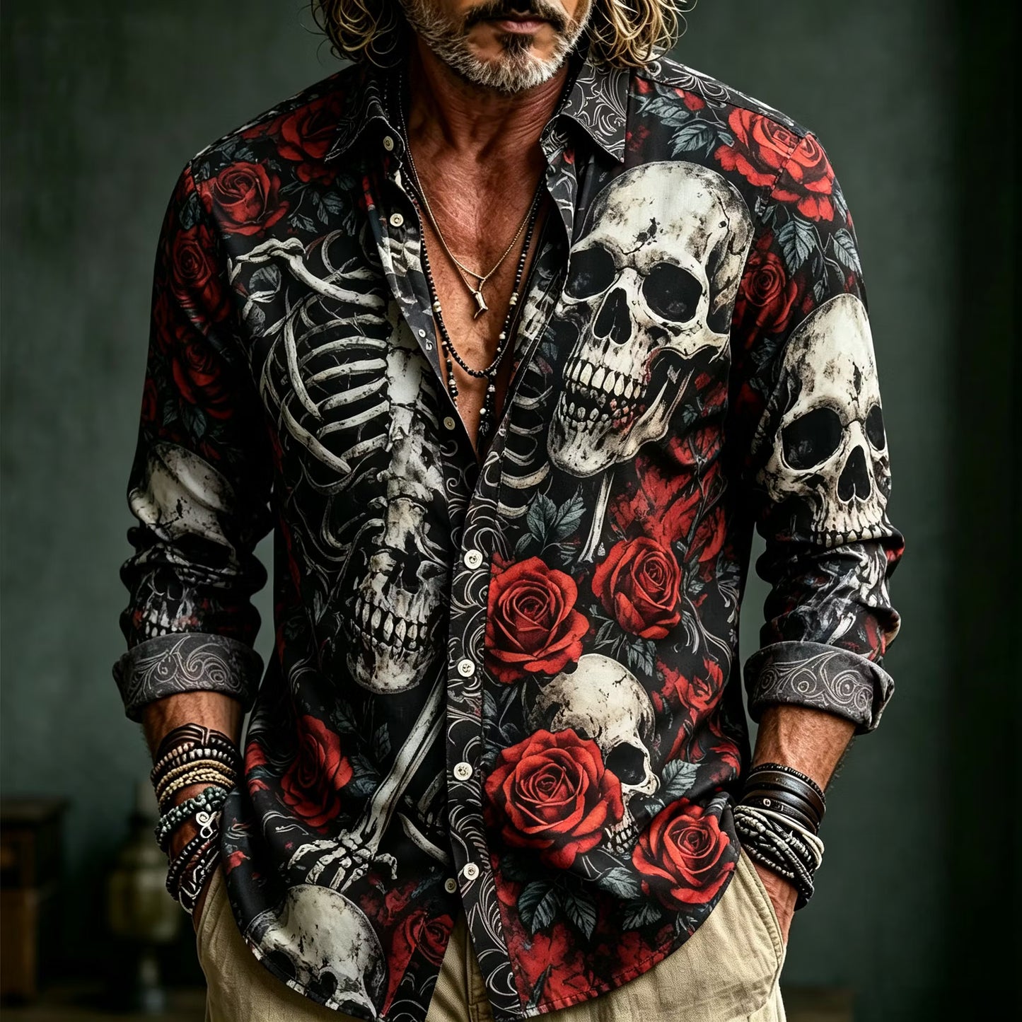 Men's Retro Vacation Rose Skull Print Long-sleeved Cotton Linen Shirt