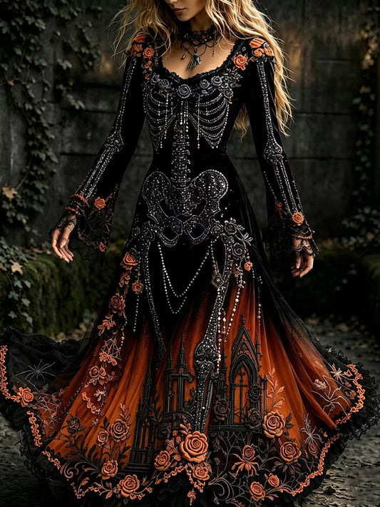 Women's Halloween Gothic Black Skeleton & Floral Lace Long-sleeve Maxi Dress