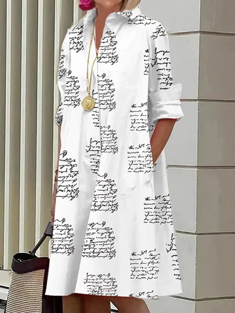 Casual Side Pockets Letter Printed Shirt Dress