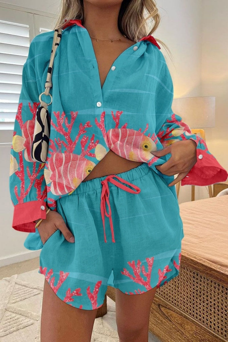 Underwater world printed casual two-piece set