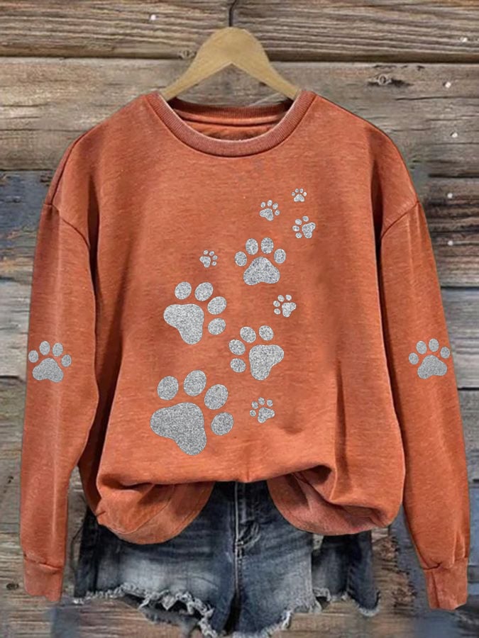 Women'S Silver Glitter CAT Paw Print Casual Sweatshirt