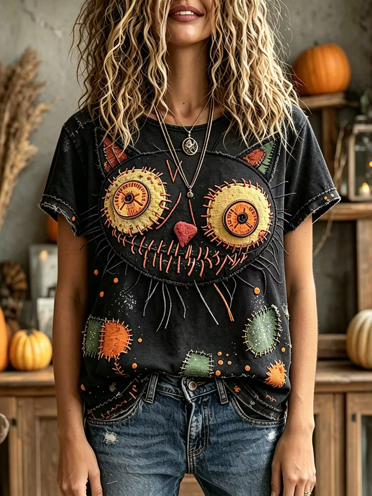 Women's Halloween Cat Patchwork Crew Neck T-shirt