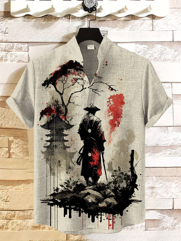 Men's Samurai Tower Tree Japanese Art Print Casual Shirt