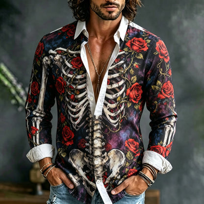 Men's Retro Halloween Rose Skull Print Long-sleeved Cotton Linen Shirt
