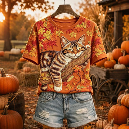 Women's Retro Cat Maple Leaf Vacation Round Neck Short Sleeve Cotton Linen Top