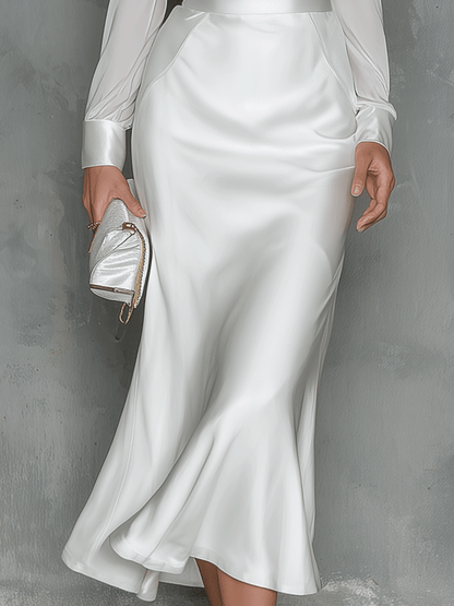 Elegant White Satin V-Neck Midi Dress