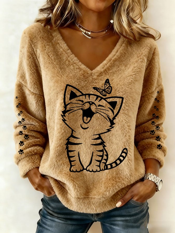 Women's Cute Cat Print Casual Flannel Top