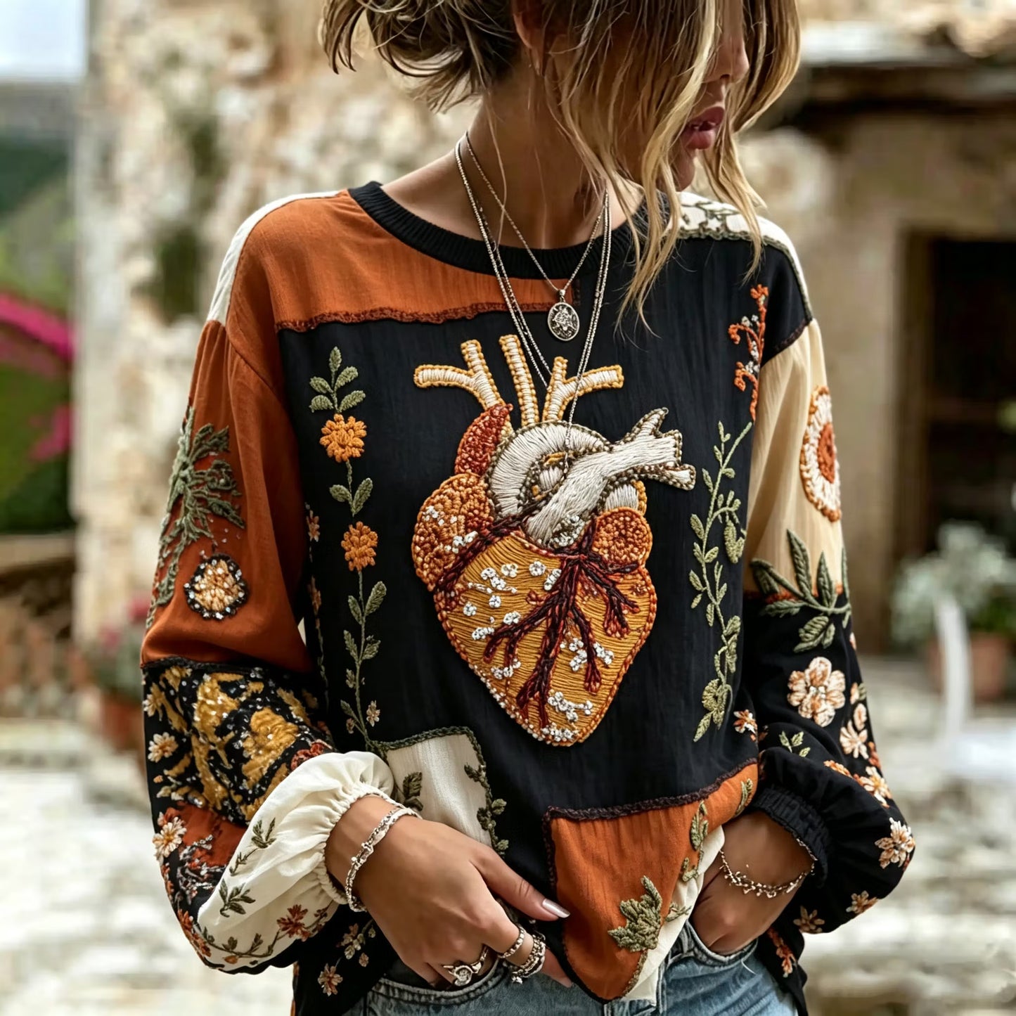 Women's Retro Halloween Heart Floral Embroidery Casual Cotton Linen Long-sleeve T-shirt