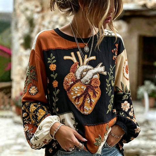 Women's Retro Halloween Heart Floral Embroidery Casual Cotton Linen Long-sleeve T-shirt