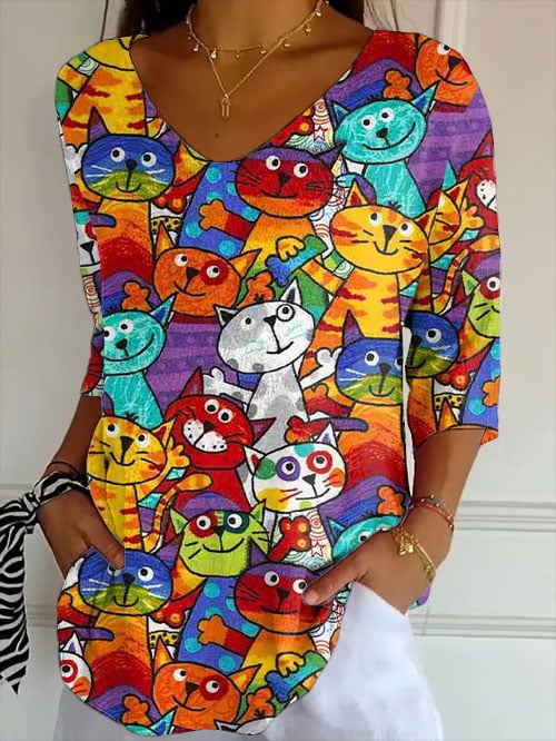 Women's Retro Funny Animal Cat Print Shirt