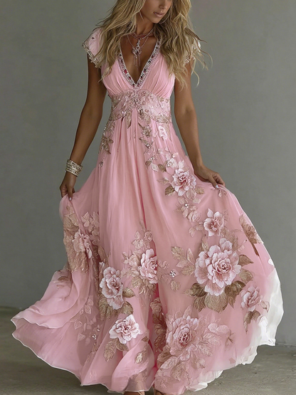 Women's Vintage Boho Floral Art  Short-sleeved Maxi Dress