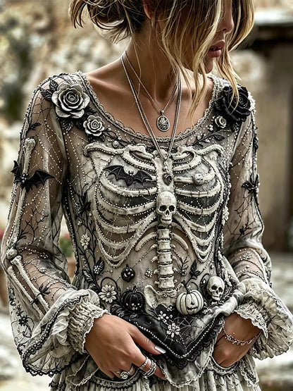 Vintage Halloween Skull And Floral Art Casual Long Sleeve Top