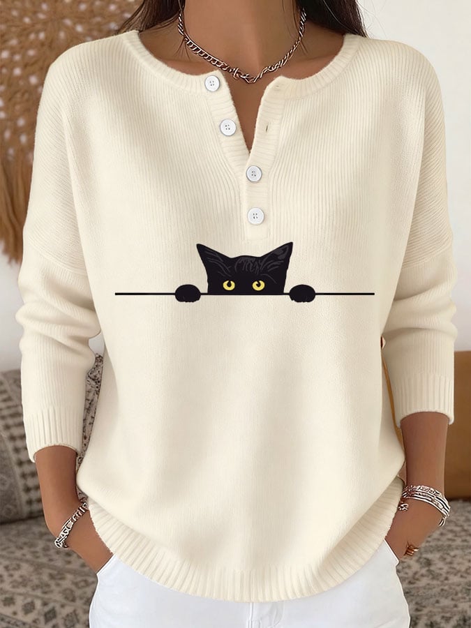 Women's Casual Cat Print Knit Top