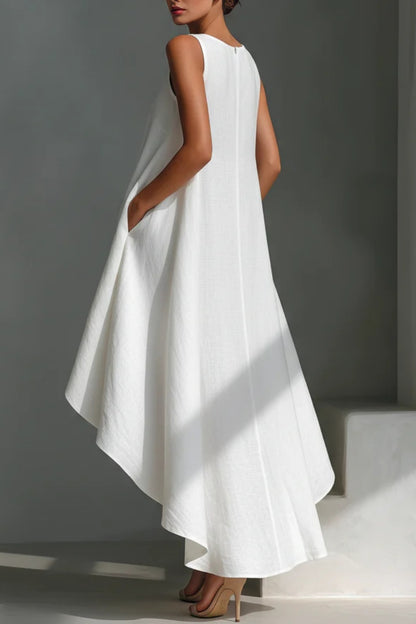 Women's White Linen Fabric Sleeveless Midi Dress With Round Neck & Asymmetric Hem