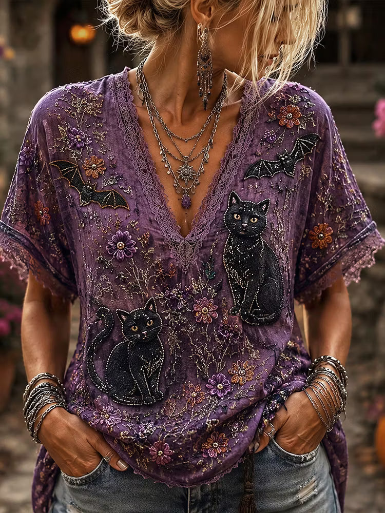Vintage Purple Witchy Boho Halloween Black Cat Bat Floral Embroidery V Neck Top